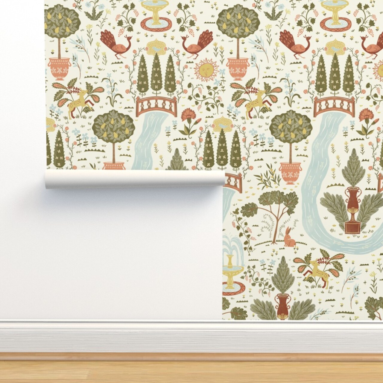 Multicolor. Birds Rabbit Whimsical Peacock Illustration Folk Garden Italian Terracotta Tuscany Fountains Large Scale Custom Removable Wallpaper by Spoonflower Peel & Stick Wallpaper 2FT Wide